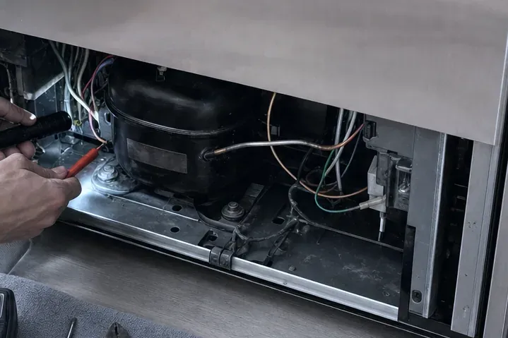 Technician shining a flashlight into the machine compartment under a stainless refrigerator drawer, the black compressor and wiring in view.