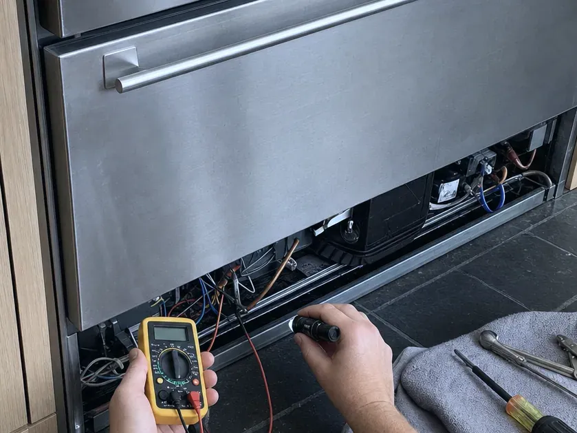 Technician holding a yellow multimeter and a flashlight at the open base below a stainless refrigerator drawer, screwdrivers on a grey cloth.